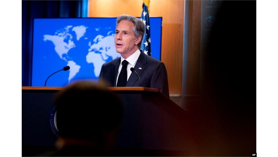 Secretary of State Antony Blinken speaks about talks between Russian President Vladimir Putin and Chinese President Xi Jinping in Moscow during a briefing on the 2022 Country Reports on Human Rights Practices at the State Department in Washington, March 20, 2023.