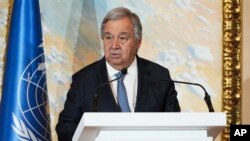 FILE - United Nations Secretary-General Antonio Guterres delivers an address after a closed-door meeting on Afghanistan, in Doha, Qatar, May 2, 2023. A similar meeting, but without representatives of the Taliban, Afghanistan's de facto rulers, started in Doha Feb. 18, 2024.