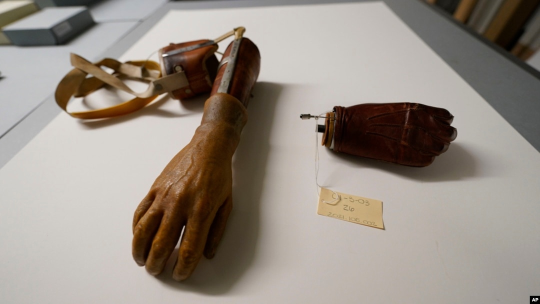 A prosthetic device for a wounded US soldier, part of the new pavilion of the National World War II Museum, is shown inside an archival wing of the museum before they are put on display, in New Orleans, Sept. 29, 2023. 