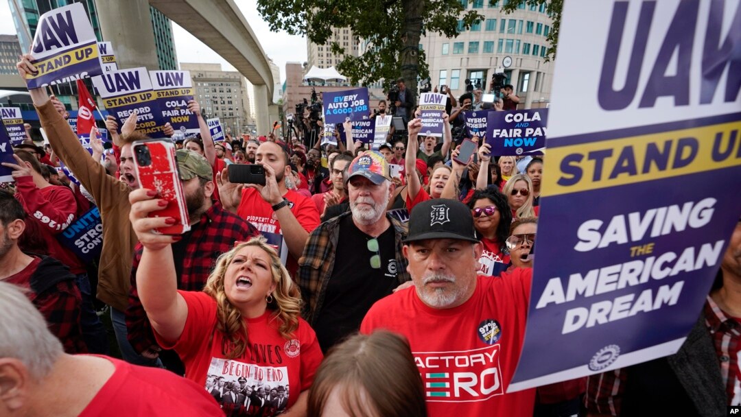 United Auto Workers members rally in Detroit, Michigan, Sept. 15, 2023. 