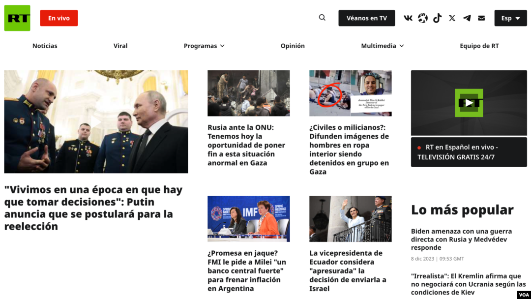 Captura de pantalla de la página de inicio del sitio web de Actualidad RT, el 8 de diciembre de 2023.