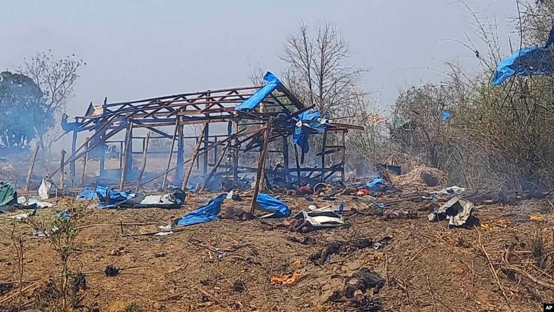 This photo provided by the Kyunhla Activists Group shows aftermath of an airstrike in Pa Zi Gyi village in Sagaing Region's Kanbalu Township, Myanmar, April 11, 2023. 