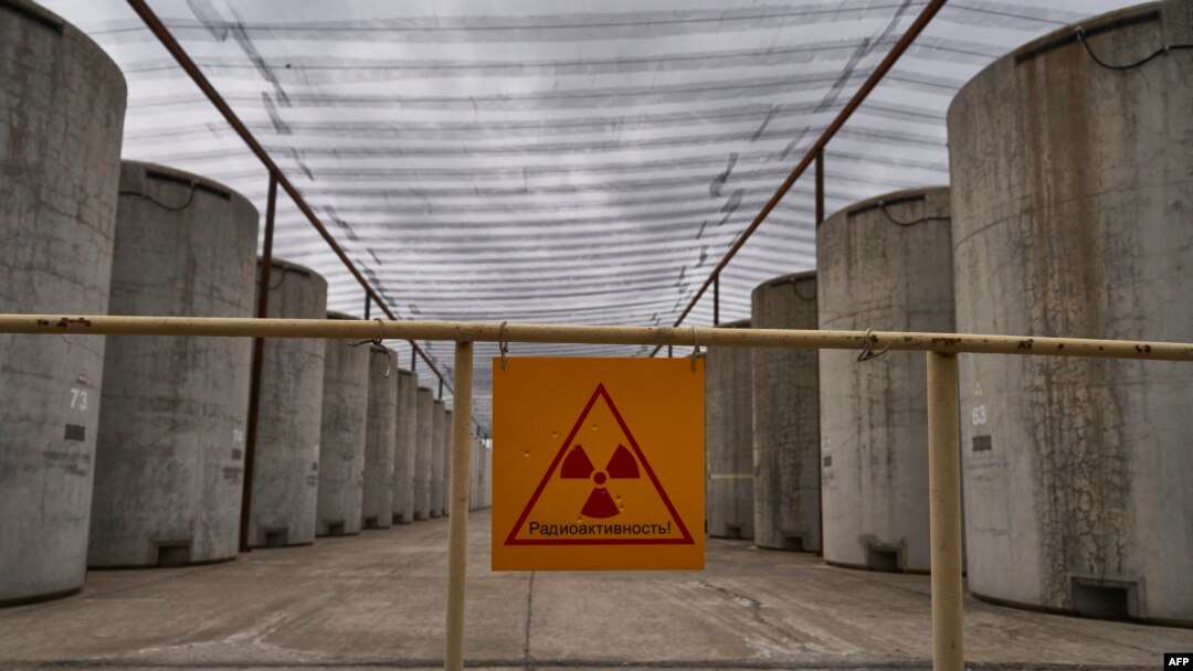FILE - The spent nuclear fuel storage grounds are seen at the Russian-controlled Zaporizhzhia nuclear power plant in southern Ukraine on March 29, 2023. 