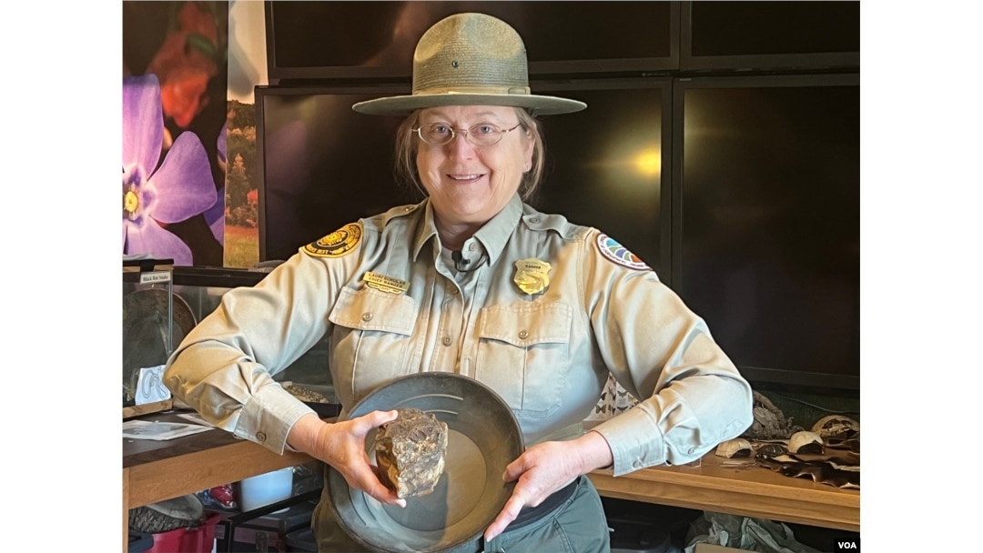 Lake Anna State Park Chief Ranger Lauri Schular holds a rock and a pan that are part of the Virginia park's exhibition on the area's gold mining history. (Steve Herman/VOA)