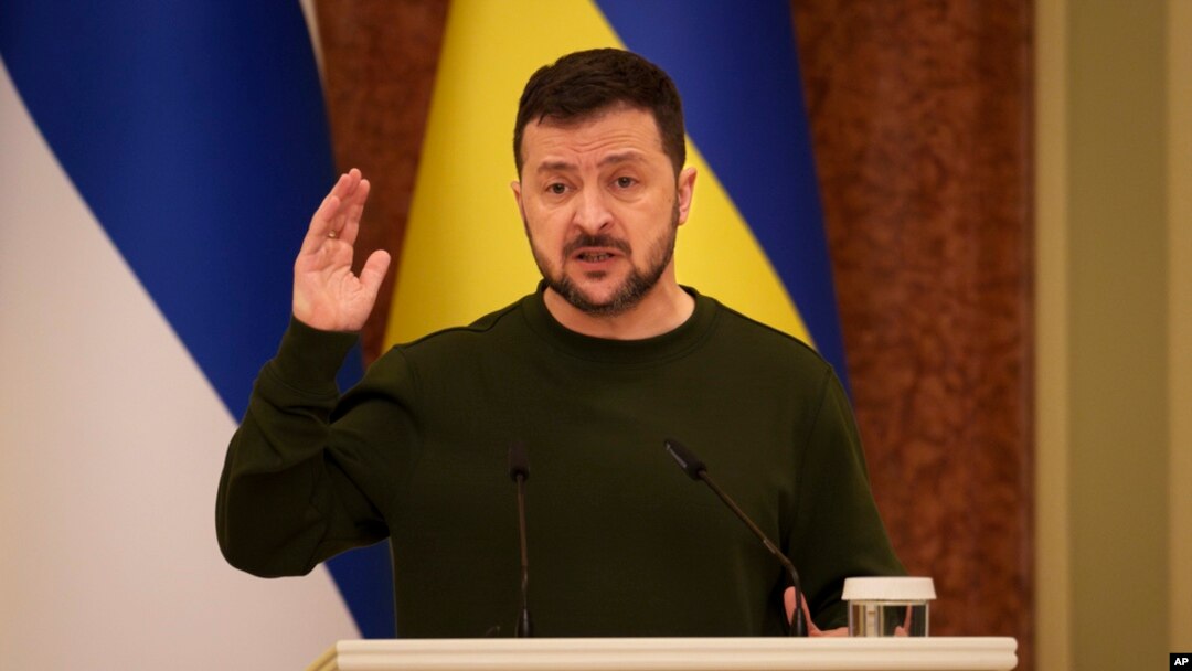 FILE - Ukraine's President Volodymyr Zelenskyy gestures during a press conference in Kyiv, Ukraine, April 3, 2024. Ukrainian investigators have foiled a Russian plot to assassinate Zelenskyy and other top officials, Ukraine’s state security service said May 7, 2024. 