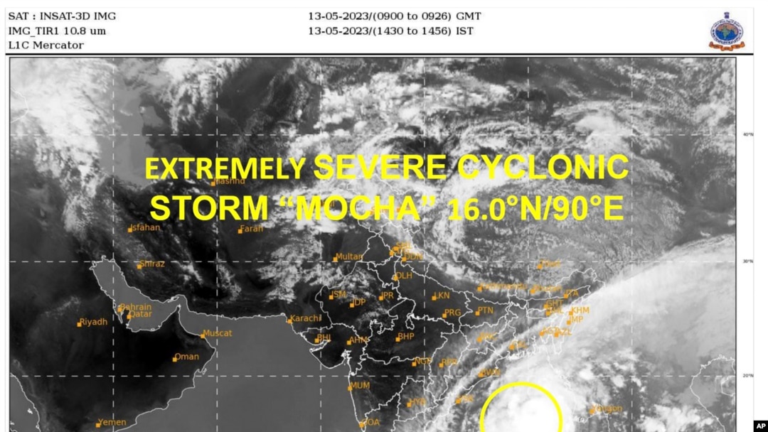 Satellite image from India Meteorological Department shows storm Mocha intensify into a severe cyclonic storm. Bangladesh and Myanmar evacuating thousands of people, May 12, 2023.