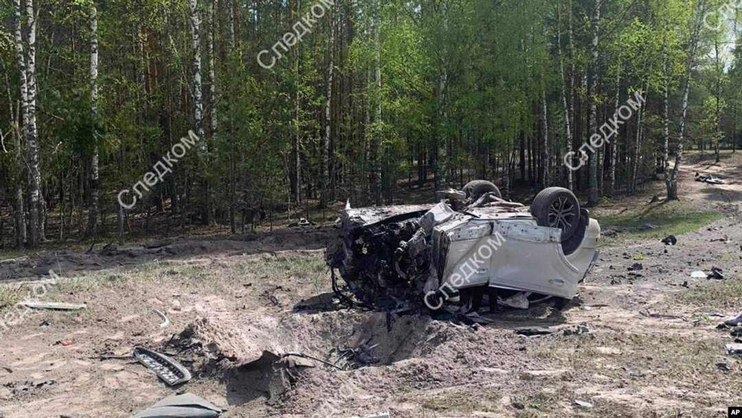 Photo released by the Russian Investigative Committee, May 6, 2023, shows the exploded car of Russian writer and publicist Zakhar Prilepin near Nizhny Novgorod, east of Moscow.