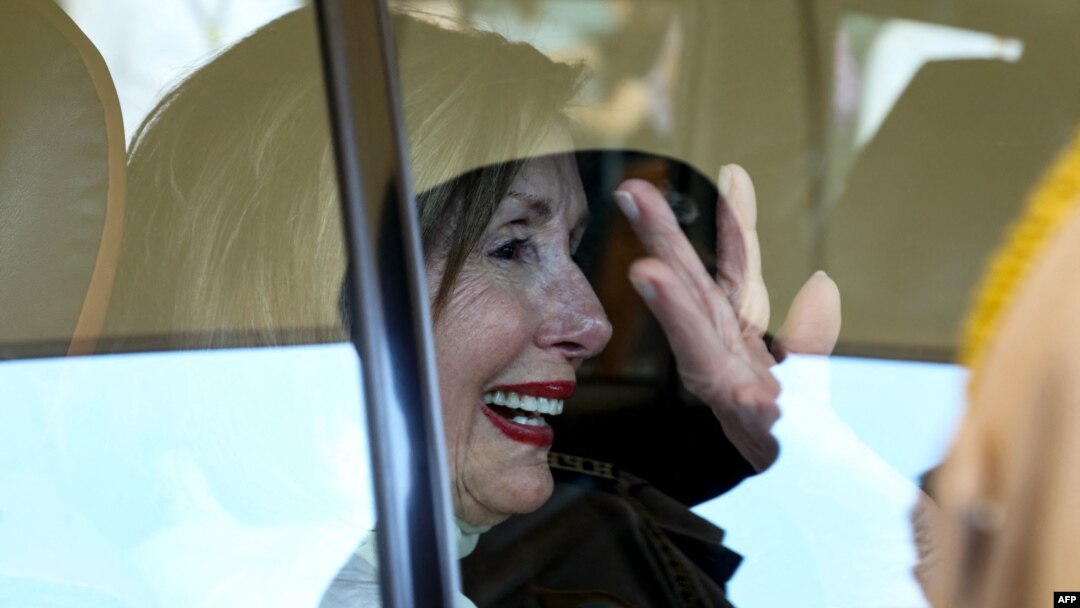 Nancy Pelosi, former Speaker of the U.S. House of Representatives waves to the crowd upon her arrival at the Kangra airport in Kangra, June 18, 2024.
