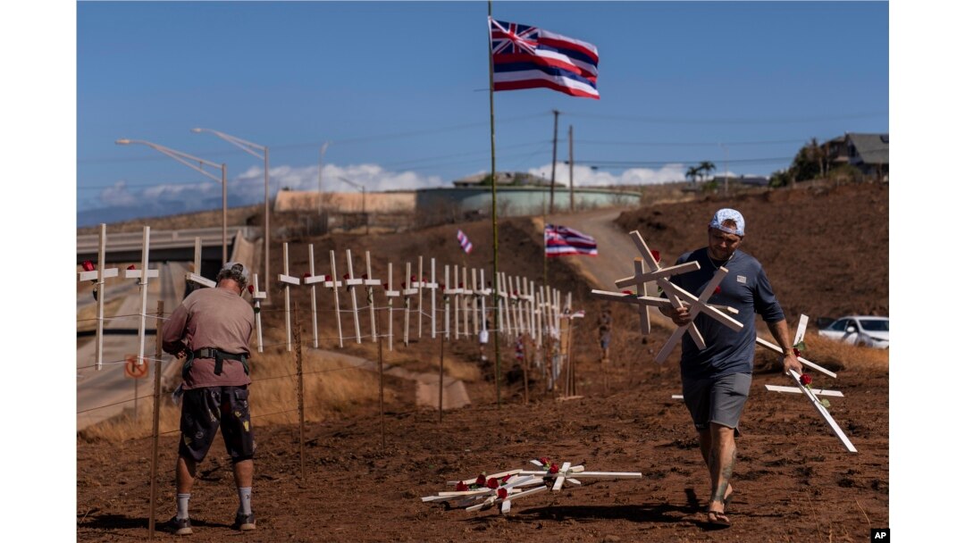 Ethan Meyers, a la derecha, lleva cruces para honrar a las víctimas muertas en un reciente incendio forestal en Lahaina, Hawaii, el martes 22 de agosto de 2023.