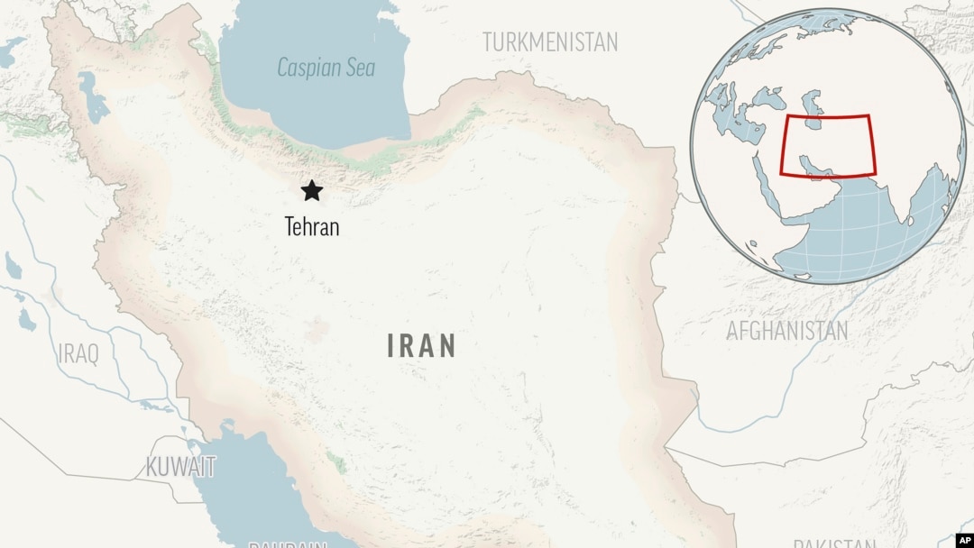 Locator map showing Iran with its capital, Tehran.