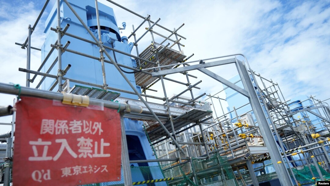 Seawater transfer pumps of the Fukushima Daiichi nuclear power plant are seen during a treated water dilution and discharge facility tour for foreign media, in Futaba town, northeastern Japan, Aug. 27, 2023.