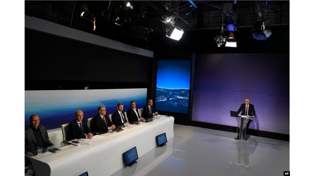 Leaders of Greece's political parties participate in a televised debate ahead of the country's May 21 elections, at a studio of public broadcaster ERT in Athens, May 10, 2023.