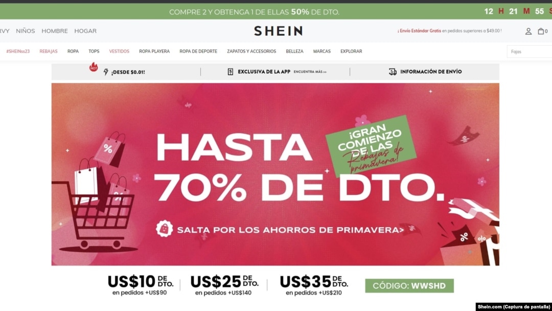 Descuentos y precios bajos son los principales reclamos de Shein, que muestra ofertas especiales en su sitio web, el 14 de marzo de 2023.