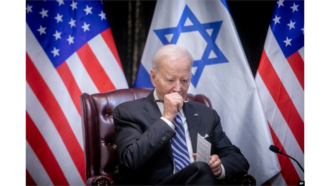 U.S. President Joe Biden pauses during a meeting with Israeli Prime Minister Benjamin Netanyahu to discuss the war between Israel and Hamas, in Tel Aviv, Israel, Oct. 18, 2023.