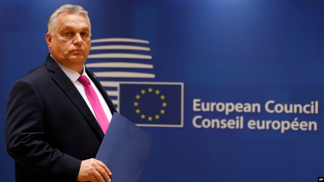 FILE - Hungary's Prime Minister Viktor Orban arrives for a meeting at an EU summit in Brussels on Oct. 26, 2023. Orban said on Nov. 10, 2023, that he does not support moving forward on negotiations on Ukraine's future membership in the EU.