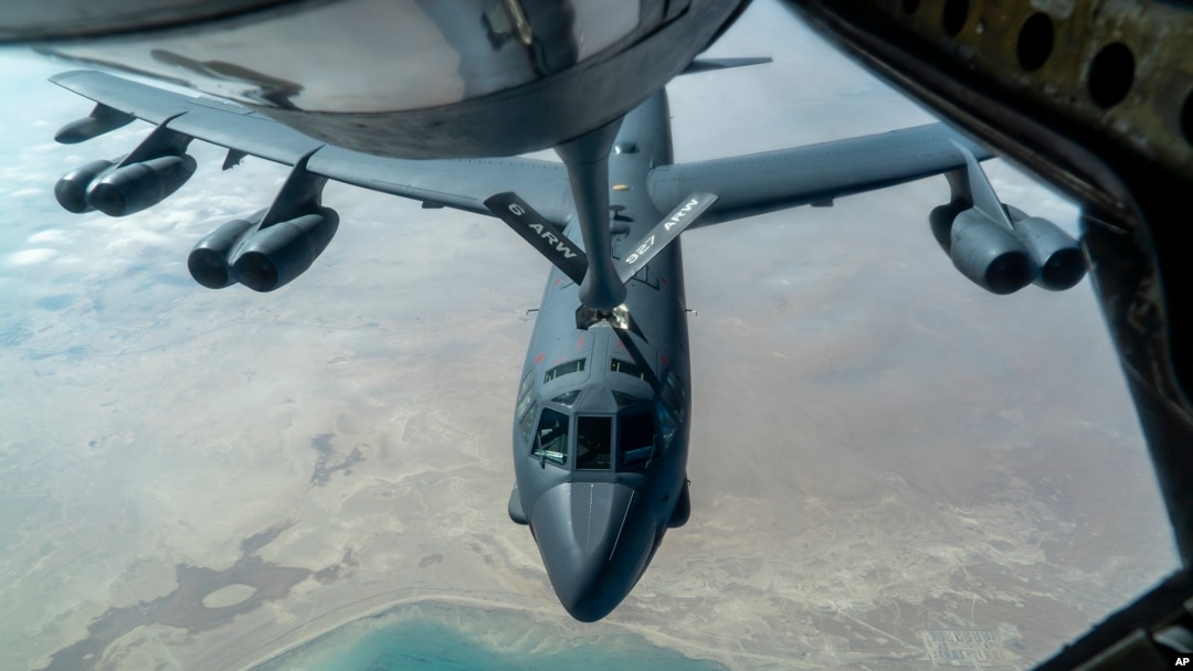 FILE - A U.S. Air Force B-52H is refueled in the U.S. Central Command area of responsibility, Dec. 30, 2020. The U.S. European Command said Sunday a U.S. military aircraft crashed into the Mediterranean Friday during an air refueling training mission. (U.S. Air Force via AP)