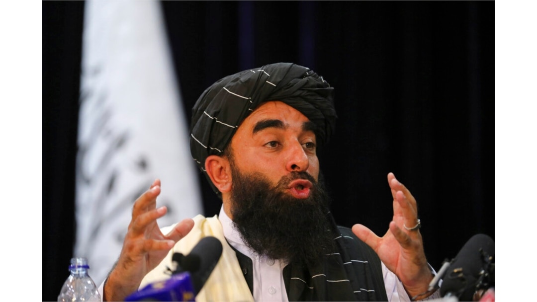 FILE - Taliban spokesman Zabihullah Mujahid speaks in Kabul, Afghanistan, Aug. 17, 2021.