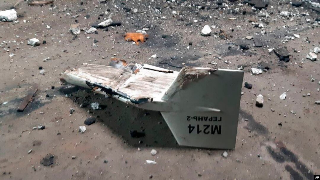 FILE - Ukraine's military released this photo showing what it said was an Iranian Shahed drone downed in Ukraine. On Nov. 15, 2022, the U.S. imposed sanctions on those it accused of being involved in the production or transfer of Iranian drones Russia has used to attack Ukraine.