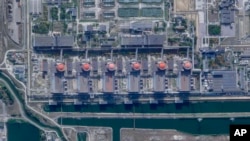 This satellite image from Planet Labs PBC shows the Zaporizhzhia nuclear power plant occupied by Russian forces, in Ukraine, Aug. 28, 2022. (Planet Labs PBC via AP)