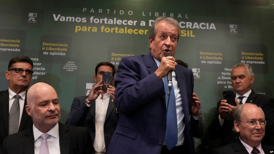 Valdemar Costa Neto, the leader of President Jair Bolsonaro's Liberal Party, speaks during a press conference regarding an investigation carried out by the party pointing out inconsistencies in voting machines used in the general elections, in Brasilia, Brazil, Nov. 22, 2022.