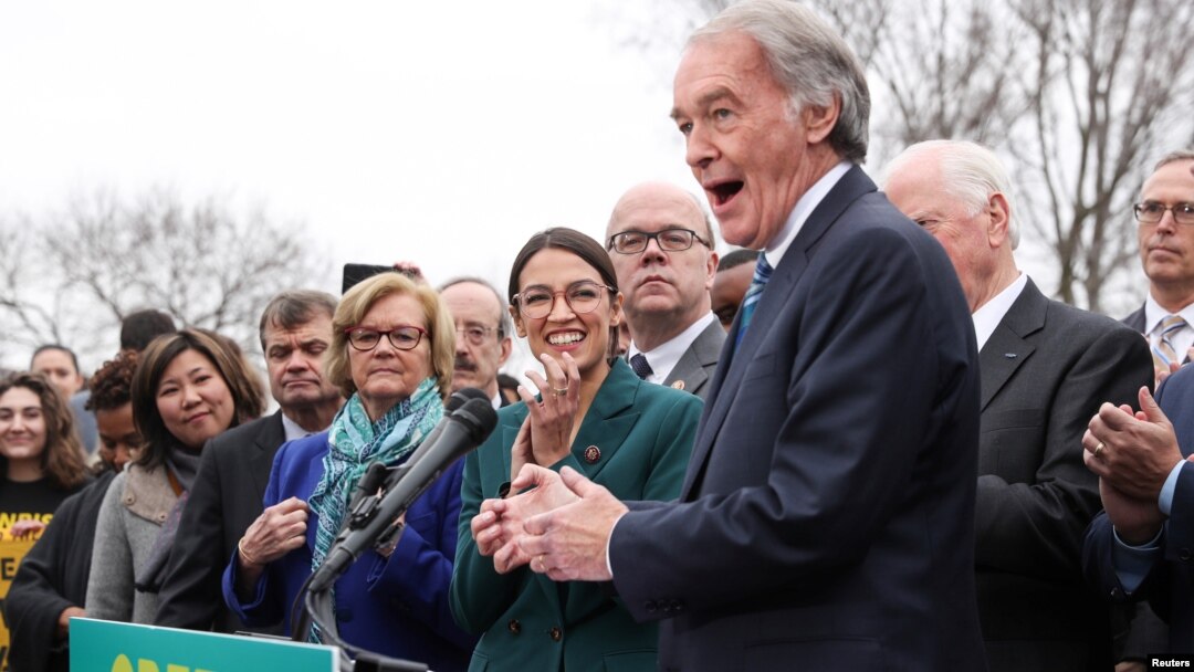 FILE - Sen. Ed Markey, D-Mass., and Rep. Alexandria Ocasio-Cortez, D-N.Y., hold a news conference for their proposed "Green New Deal" at the U.S. Capitol in Washington, Feb. 7, 2019. The Republican-led Senate rejected the plan March 26, 2019.