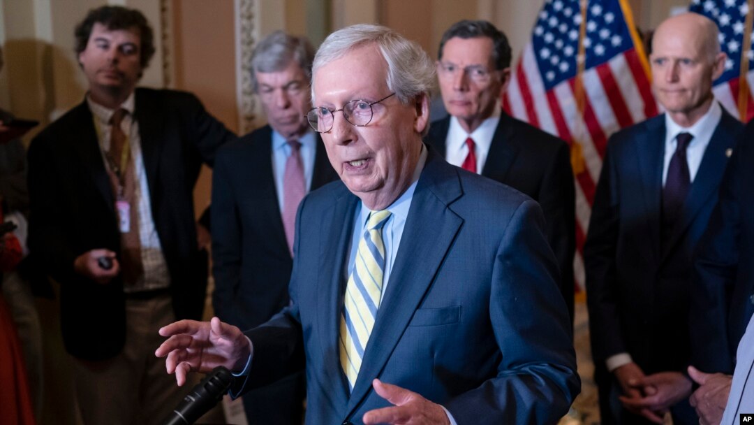 FILE - Senate Minority Leader Mitch McConnell, R-Ky., joined by the GOP leadership, meets with reporters at the Capitol in Washington, May 3, 2022.