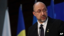 Ukraine Prime Minister Denys Shmyhal attends a press conference after the High-Level International Donors' Conference for Ukraine in Warsaw, Poland, May 5, 2022.