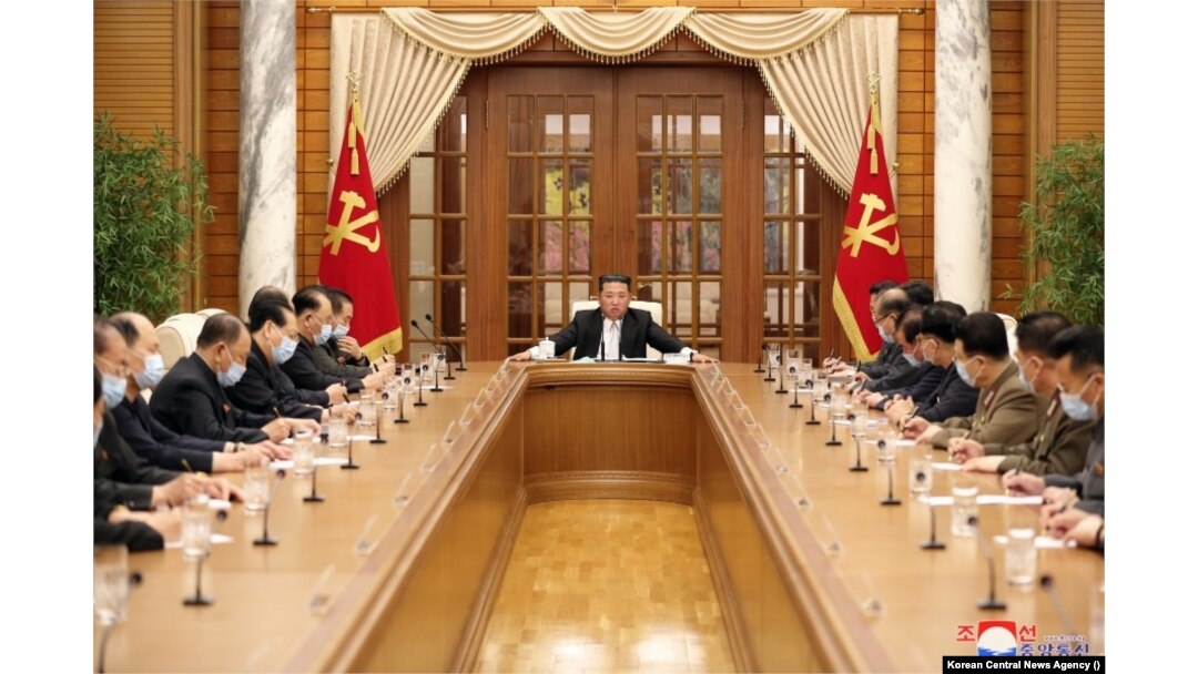 North Korea's Politburo meets in response to the COVID-19 crisis, in May 2022. (Korean Central News Agency)