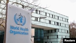 日內瓦世界衛生組織總部的一所大樓外的世衛組織標記。(2020年2月6日)