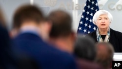 U.S. Treasury Secretary Janet Yellen speaks to the Atlantic Council, April 13, 2022, in Washington.