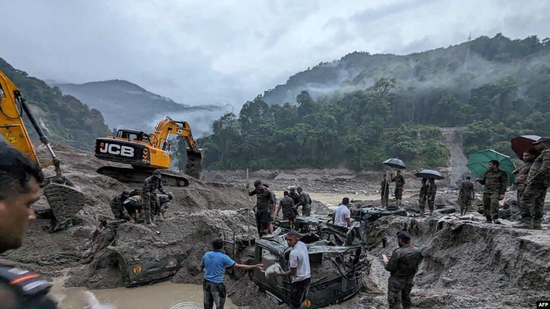 Indian army personnel search for missing soldiers in north Sikkim, India, on Oct. 5, 2023. (Indian Ministry of Defense/AFP)