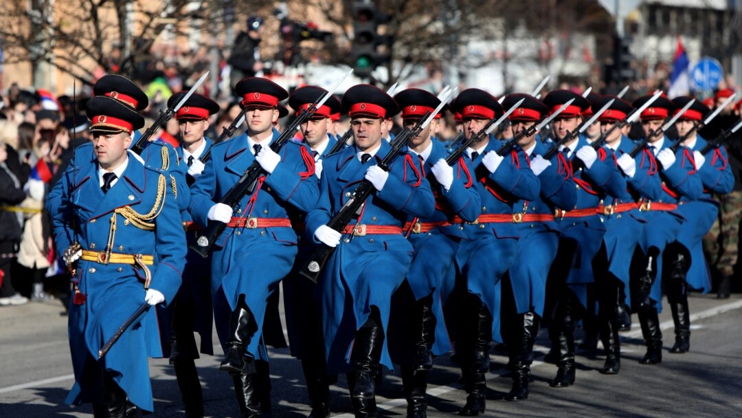 FILE - A Bosnian Serb honor guard marches through the center of Banja Luka, Jan. 9, 2020, during ceremony a marking the 28th anniversary of the founding of Republika Srpska, a Bosnian Serb political entity, within Bosnia and Herzegovina state.