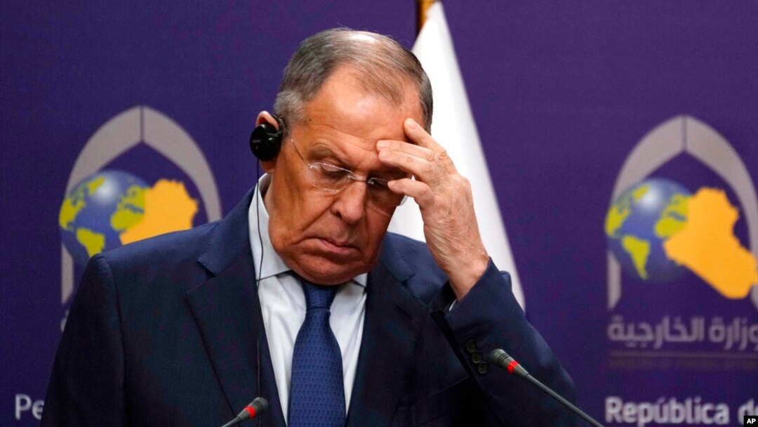 Russian Foreign Minister Sergey Lavrov holds a press conference with his Iraqi counterpart Fouad Hussein at the Ministry of Foreign Affairs in Baghdad, Iraq, Feb. 6, 2023.