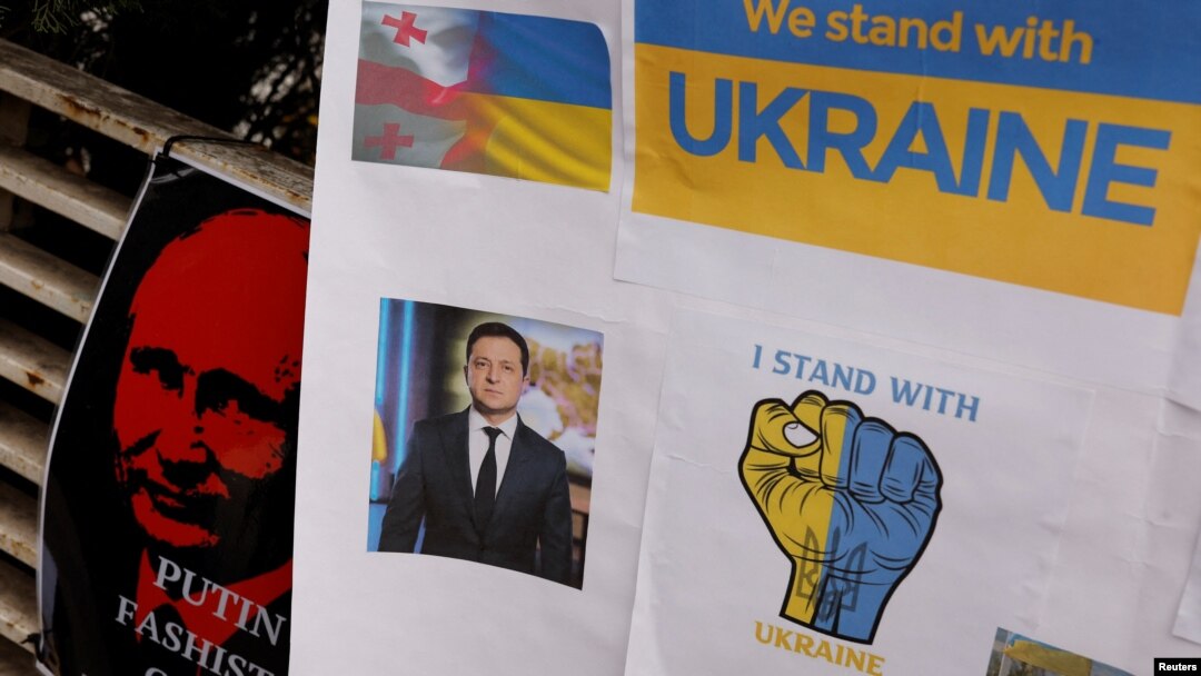 Anti-war posters are pictured displayed outside the Russian embassy, after Spain announced it will expel some 25 Russian diplomats and embassy staff, amid Russia's invasion of Ukraine, in Madrid, Spain, April 5, 2022.