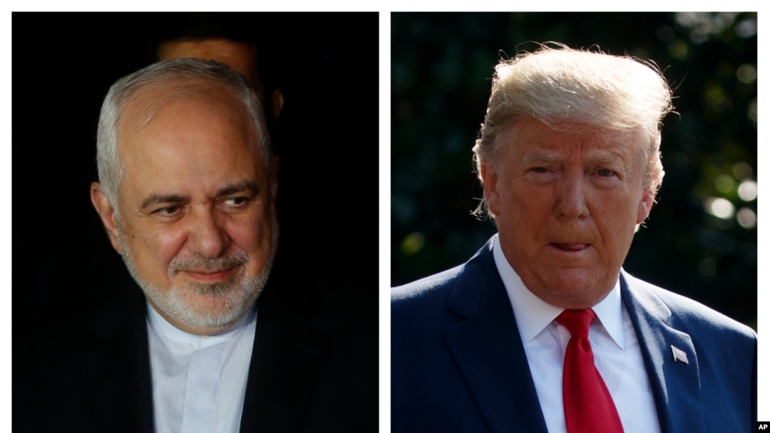 In the combination photo, Iran's Foreign Minister Mohammad Javad Zarif, left, arrives in Santa Cruz, Bolivia, July 23, 2019; President Donald Trump walks across the South Lawn of the White House, July 30, 2019.