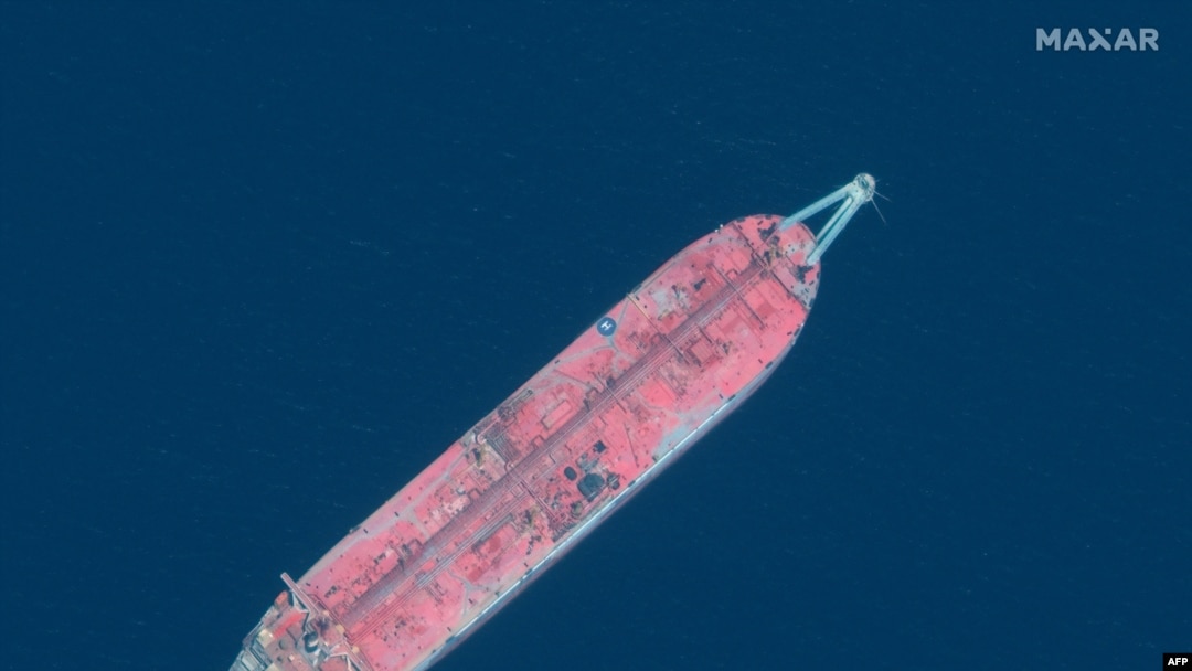 FILE - This handout satellite image obtained courtesy of Maxar Technologies on July 19, 2020, shows a view of the FSO Safer oil tanker, off the Ras Isa marine terminal, Yemen.