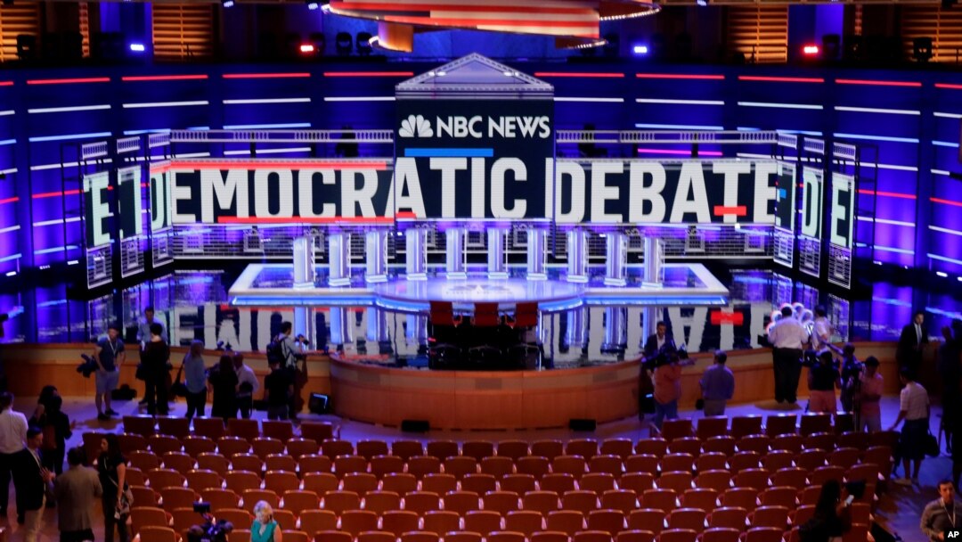 The stage of the first U.S. 2020 presidential election Democratic candidates debate is seen before the first 10 of 20 total Democrats take to the stage at the Adrienne Arsht Performing Arts Center in Miami, June 26, 2019. 