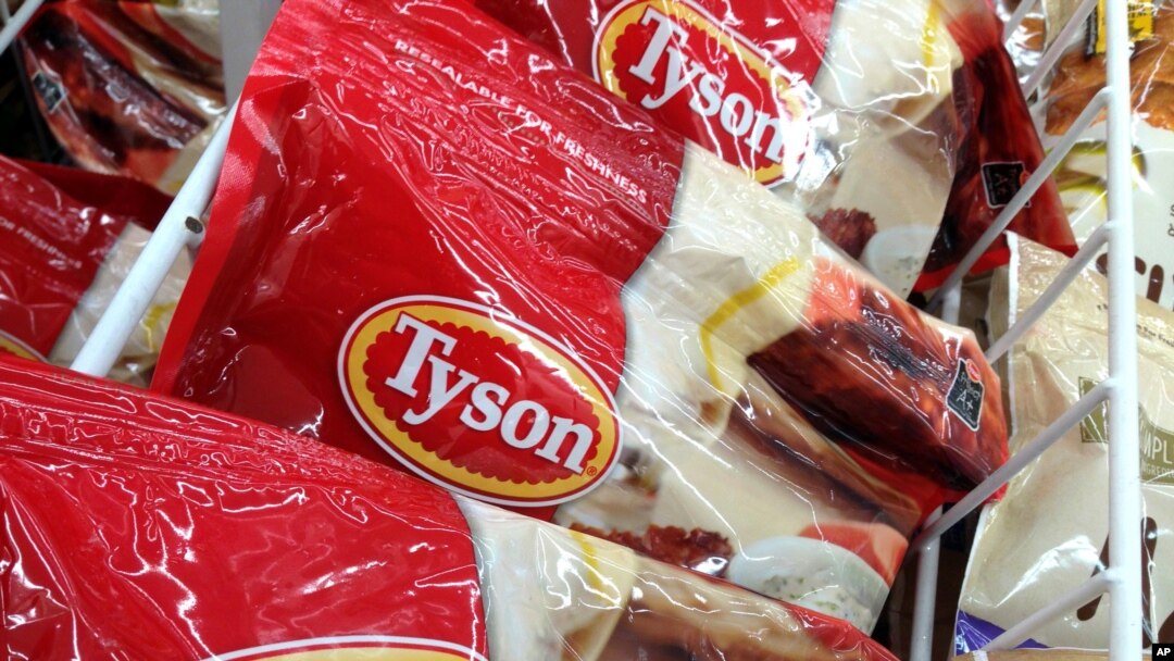 FILE - Tyson packages of frozen chicken are displayed at a supermarket in North Andover, Massachusetts, March 6, 2017.
