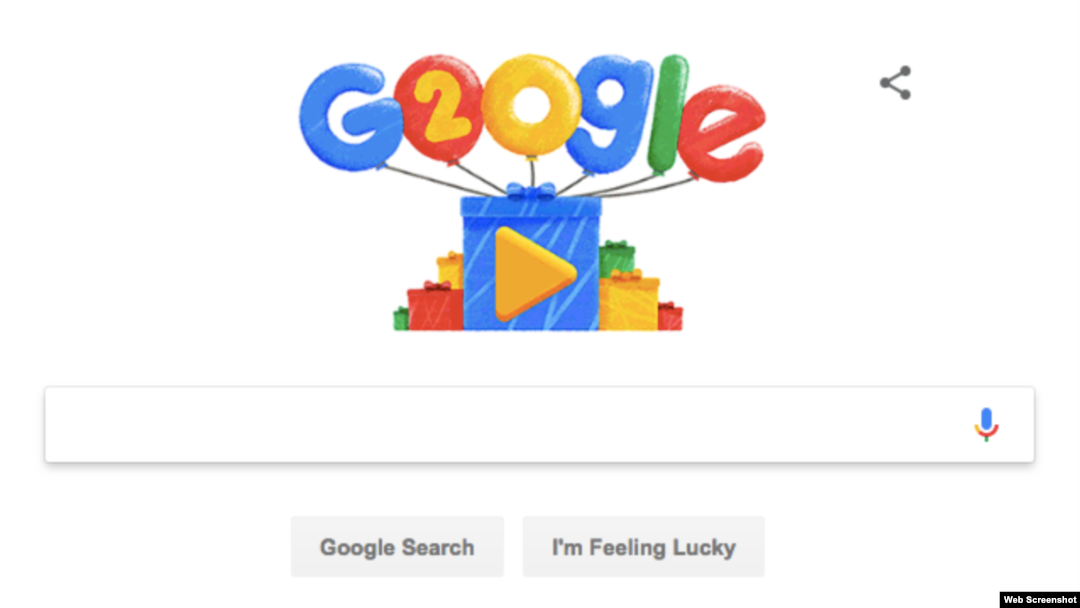 A screenshot of Google's 20th birthday Doodle 