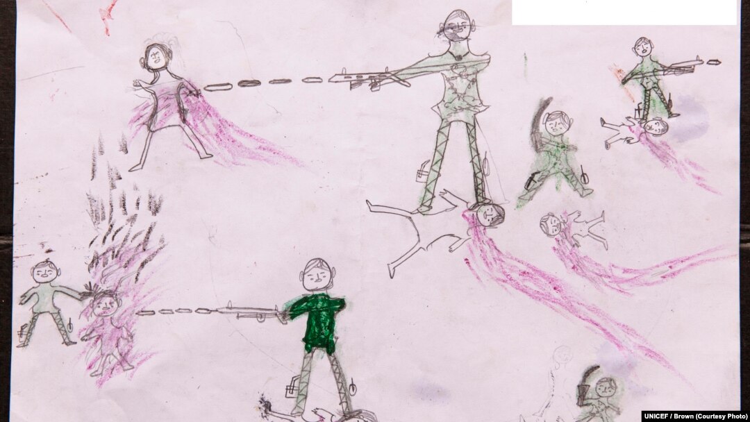 Drawing by a Rohingya boy, Abdul, reveals horrific experiences he endured while fleeing from Myanmar to Bangladesh, at a child-friendly space at the Balukhali makeshift refugee camp in Cox’s Bazar district, Bangladesh, Oct. 2, 2017. 