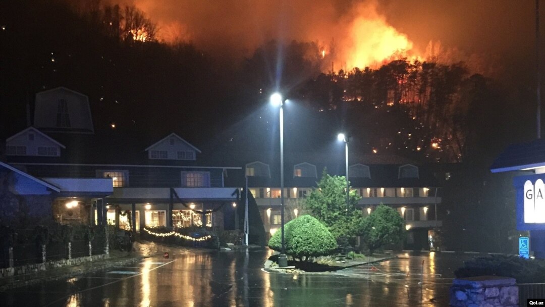 A wildfire burns on a hillside after a mandatory evacuation was ordered in Gatlinburg, Tennessee in a picture released Nov. 30, 2016. 