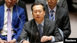 中國代表2018年4月14日在安理會支持俄羅斯批評聯軍空襲敘利亞（路透社）