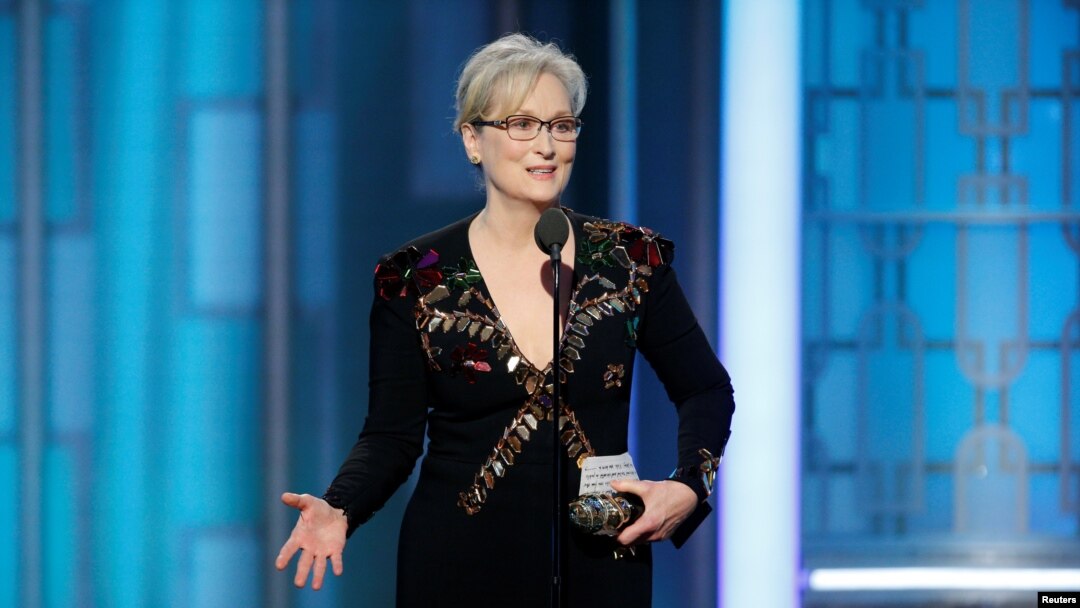 Actress Meryl Streep accepts the Cecil B. DeMille Award during the 74th Annual Golden Globe Awards show in Beverly Hills, California, Jan. 8, 2017. 