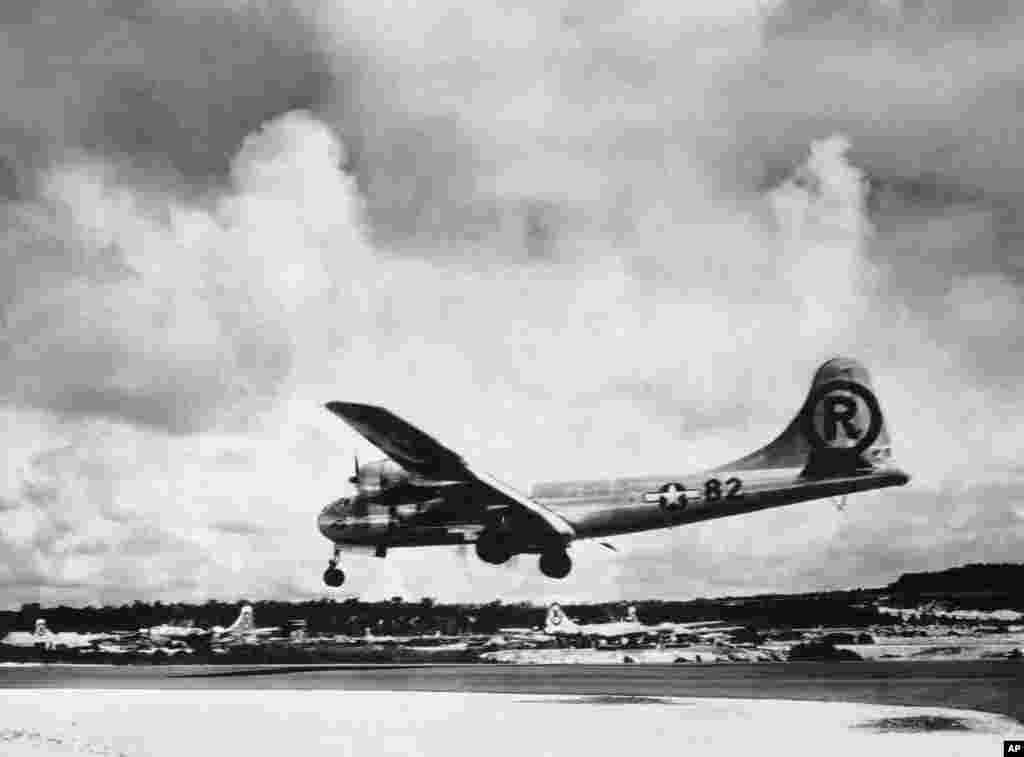 In this Aug. 6, 1945 file photo, the "Enola Gay" Boeing B-29 Superfortress lands at Tinian, Northern Mariana Islands after the U.S. atomic bombing mission against the Japanese city of Hiroshima.
