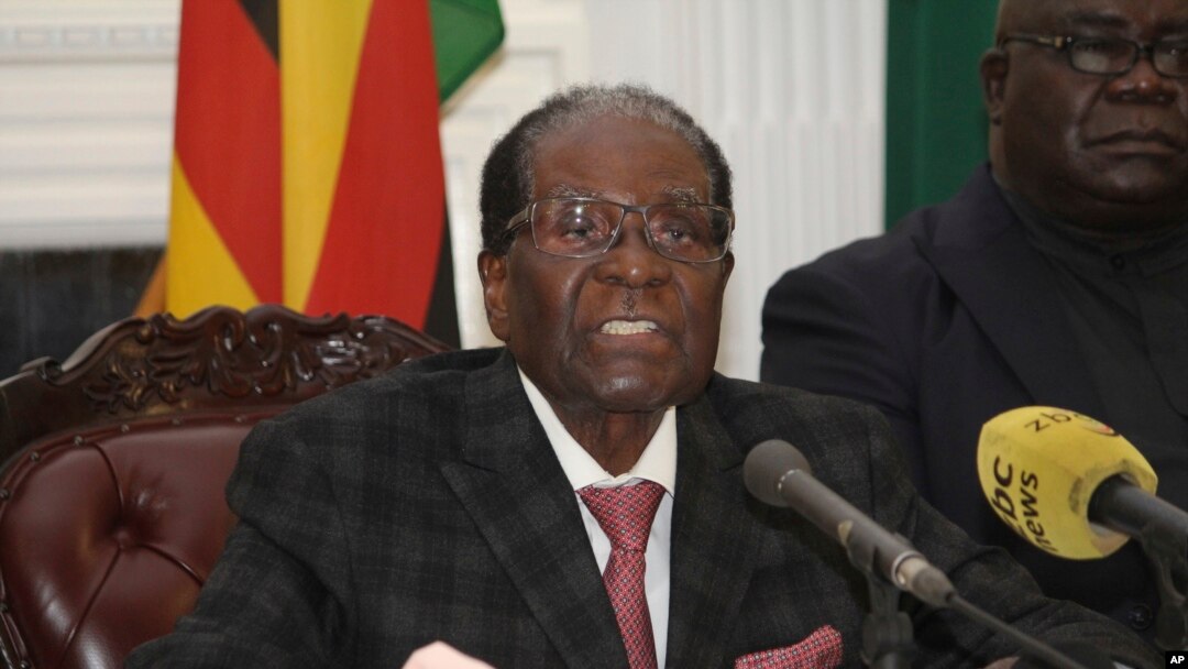 FILE - Robert Mugabe delivers a live speech to the nation, at State House, in Harare, Zimbabwe, Nov, 19, 2017. Mugabe baffled the country by ending his address without announcing his resignation.