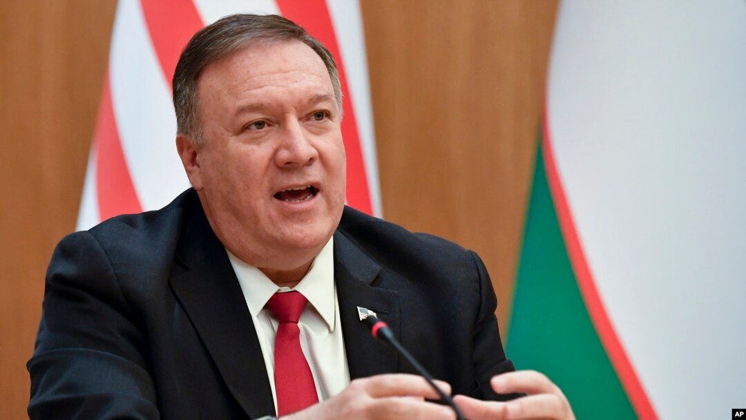 FILE - U.S. Secretary of State Mike Pompeo speaks during a news conference in Tashkent, Uzbekistan, Feb. 3, 2020. He spoke Feb. 8 to a National Governors Association meeting in Washington.
