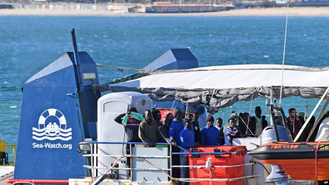 On Jan. 31, 2019, the migrant rescue ship Sea-Watch 3, carrying 47 migrants, comes into dock at the Sicilian port of Catania, southern Italy.