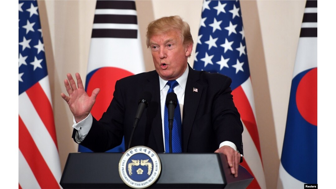 U.S. President Donald Trump gestures as he speaks during a joint press conference with South Korea's President Moon Jae-in (not pictured) at the presidential Blue House in Seoul, South Korea, Nov. 7, 2017.