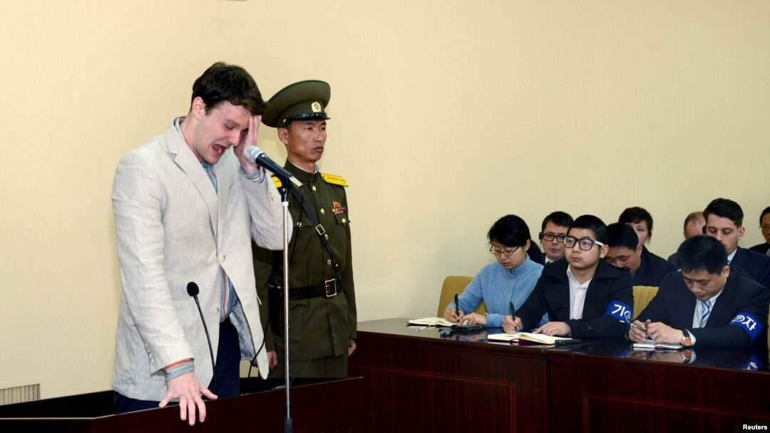FILE - U.S. student Otto Warmbier cries at court in an undisclosed location in North Korea, in this photo released by North Korea's Korean Central News Agency (KCNA) in Pyongyang on March 16, 2016.