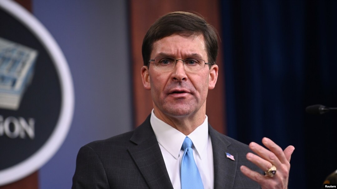 U.S. Defense Secretary Mark Esper addresses reporters during a media briefing at the Pentagon in Arlington, Va., Oct. 11, 2019.